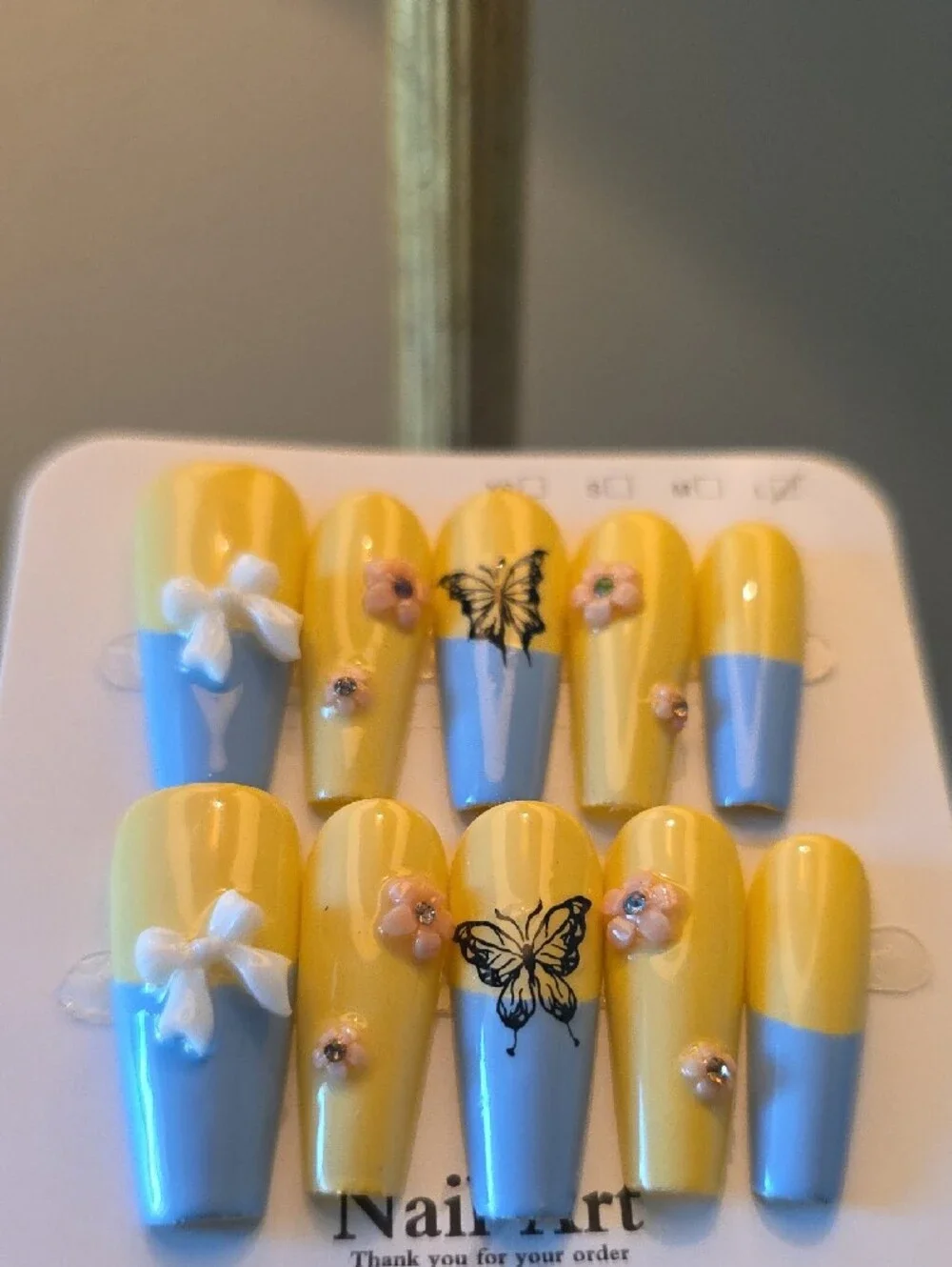 Yellow & Blue Nail Art Set with Butterfly and Flower Accents Size Large
